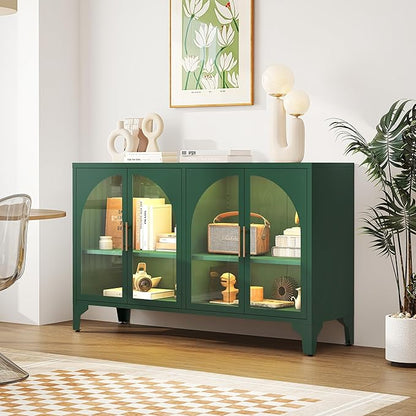 Foreate Arched Sideboard Buffet Cabinet with Storage & LED Light, 53.2" Large Buffet Cabinet with 4 Glass Door & Adjustable Shelf, Modern Farmhouse Sideboard Credenzas Metal Kitchen Buffet, Green