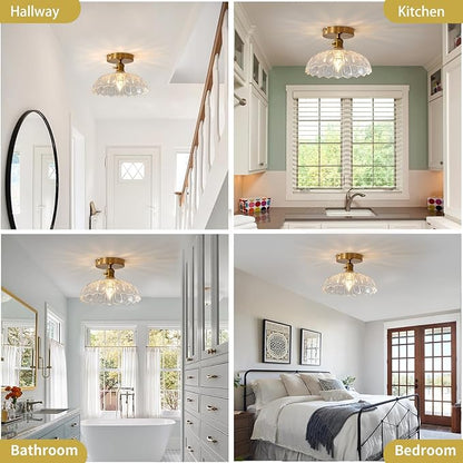 Semi Flush Mount Ceiling Light, Gold Vintage Hallway Light Fixture with Clear Water Lily Glass Lampshade Brass Modern Ceiling Light Fixtures for Porch Kitchen Bedroom Hallway