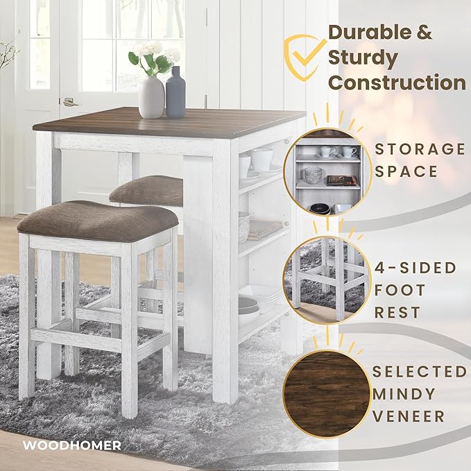 3-Piece Wooden Dining Table Set, Kitchen Island with Seating for 2, Kitchen Bar Table with Stools, Counter Height Dining Table Set, Antique Dark Oak & White, Farmhouse Style