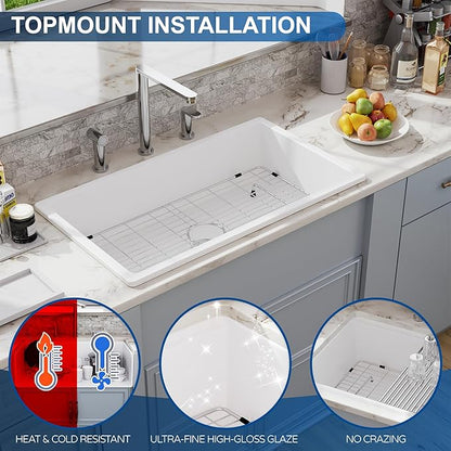 30 White Undermount Kitchen Sink, Hugsleek Topmount & Undermount Kitchen Sink 30x18 inch White Porcelain Ceramic Fireclay Sinks Dual Mount Accessories Single Bowl Under Counter Sinks Basin Drop In