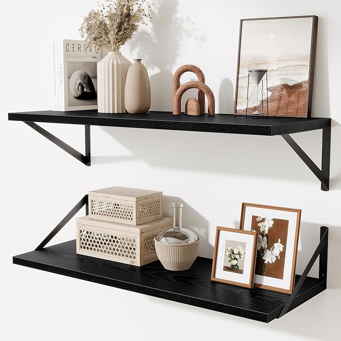 Acovy Deep Floating Shelves for Wall,30" Wx10 D Wood Floating Shelf Set of 2,Sturdy Metal Bracket Wide Display & Storage,Wall Mounted Hanging Floating Shelves for Living Room,Bedroom,Kitchen,Black