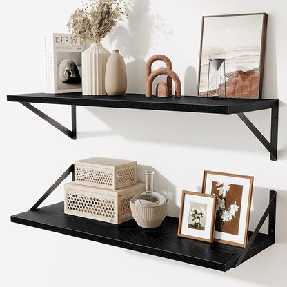 Acovy Deep Floating Shelves for Wall,30" Wx10 D Wood Floating Shelf Set of 2,Sturdy Metal Bracket Wide Display & Storage,Wall Mounted Hanging Floating Shelves for Living Room,Bedroom,Kitchen,Black
