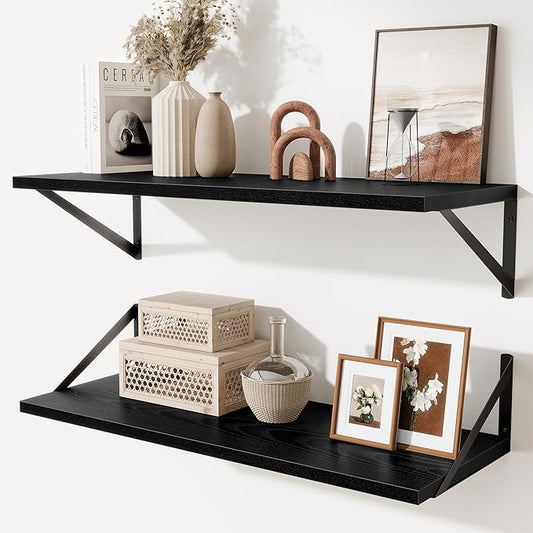 Acovy Deep Floating Shelves for Wall,30" Wx10 D Wood Floating Shelf Set of 2,Sturdy Metal Bracket Wide Display & Storage,Wall Mounted Hanging Floating Shelves for Living Room,Bedroom,Kitchen,Black