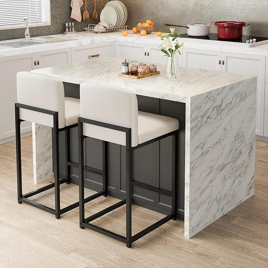 GarveeHome Bar Stools Set of 2, Modern Counter Height Bar Stools with Back and Footrest, Faux Leather Upholstered Barstools Chairs for Kitchen Island Dining Room Bar, White