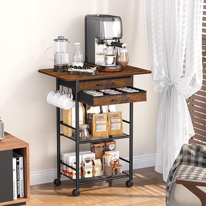 Snughome 5 Tier Rolling Coffee Cart with 2 Large Drawers & Removable Dividers, Extra-Wide Coffee Bar Cart with Storage, Farmhouse Coffee Station Cabinet for Living Room, Kitchen, Office