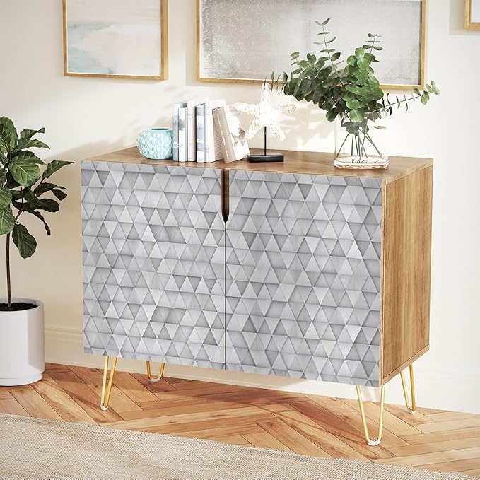 SIGNWIN Sideboard Buffet Cabinet, Kitchen Storage Cabinet with 2 Doors, Gray Geometric Triangle Patterns, Cupboard Console Table for Dining Room - 35" L x 18" W x 29" H
