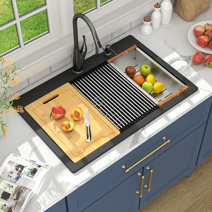 Lordear 33 Granite Composite Kitchen Sink Drop In Black Kitchen Sink 33x22 Workstation Topmount Sink Matte Black Quartz Above Counter Single Bowl Sink Basin