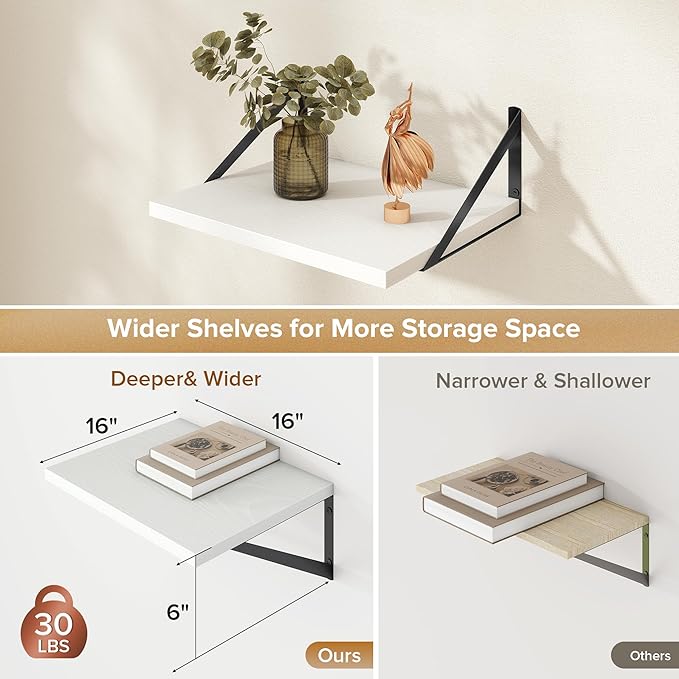 Acovy Deep Floating Shelves Wall Mounted, 16"x12" White Wall Shelves with Brackets Set of 2 for Bedroom, Living Room, Bathroom, Kitchen, Office - Storage & Display Shelf for Decor, Books, Plants