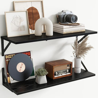 Acovy Floating Shelves with Black Metal Brackets Set of 2,30" Wx8 D Wall Mounted Shelves Floating Bookshelf,Hanging Storage Shelf for Living Room,Bedroom,Bathroom,Office,Black