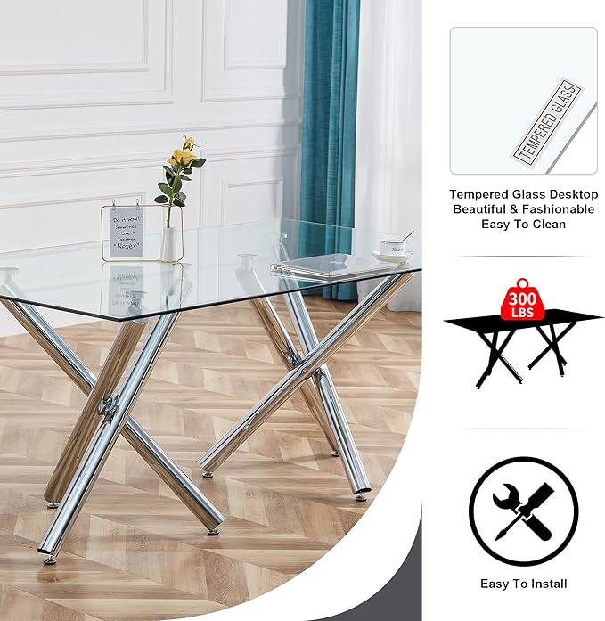 71” Rectangle Dining Table, Large Modern Dining Table for 6–8 People with 0.4" Thickened Tempered Glass Top, Glass Kitchen Table with Silver Metal Legs for Dining Room