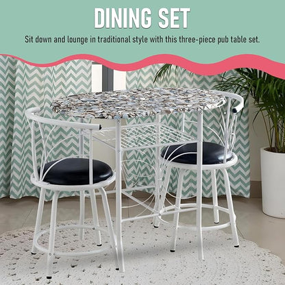 Kings Brand Furniture Somis 3 Piece Dining Table Set with Cobblestone Top - Breakfast Table with 2 Chairs - 2 Seat Dining Table Set for Small Spaces - Round Table Set with Faux Marble Top - White