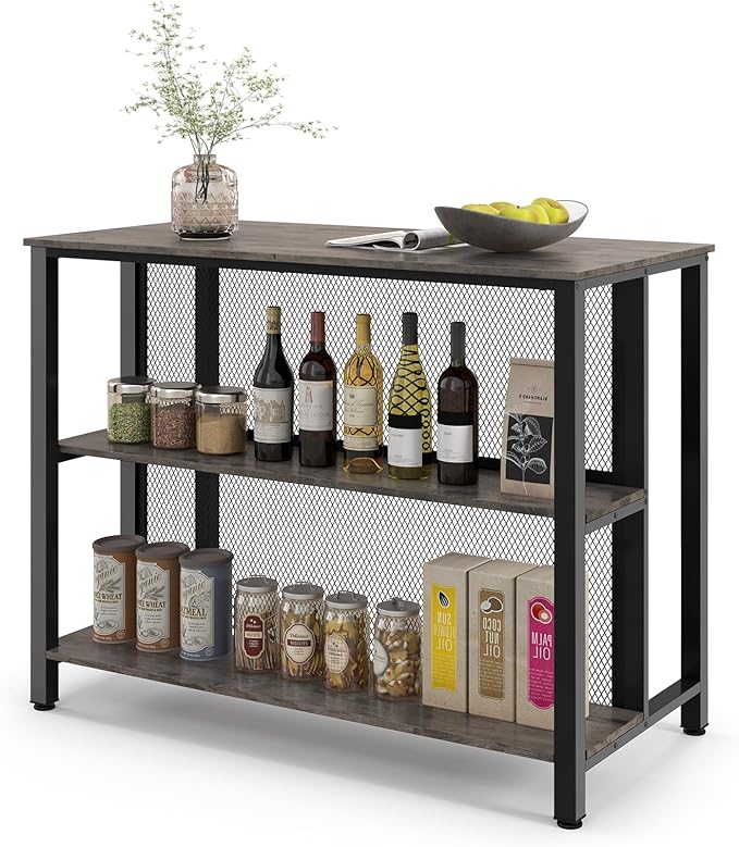 COSTWAY Home Bar Unit, 3-Tier Bar Table with Storage Shelves, Metal Frame, Adjustable Foot Pads, Breakfast Corner Bar Cabinet for Kitchen Island Dining Room (Grey)