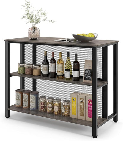 COSTWAY Home Bar Unit, 3-Tier Bar Table with Storage Shelves, Metal Frame, Adjustable Foot Pads, Breakfast Corner Bar Cabinet for Kitchen Island Dining Room (Grey)