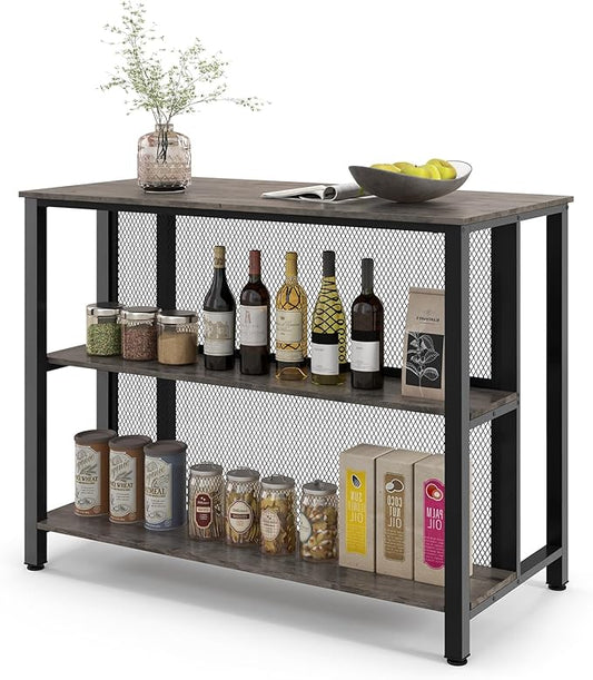 COSTWAY Home Bar Unit, 3-Tier Bar Table with Storage Shelves, Metal Frame, Adjustable Foot Pads, Breakfast Corner Bar Cabinet for Kitchen Island Dining Room (Grey)