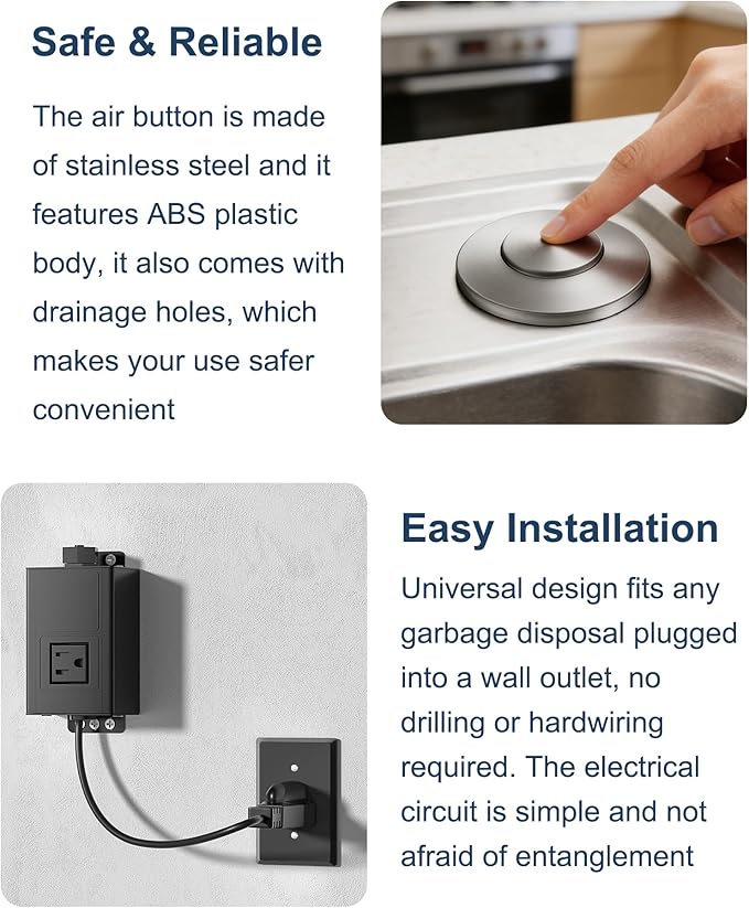 WUKUR Garbage Disposal Air Switch Kit for InSinkErator Garbage Disposal Sink Top Garbage Disposal Button Stainless Steel Brushed Nickel On/Off Air Button, Design for All Garbage Disposals