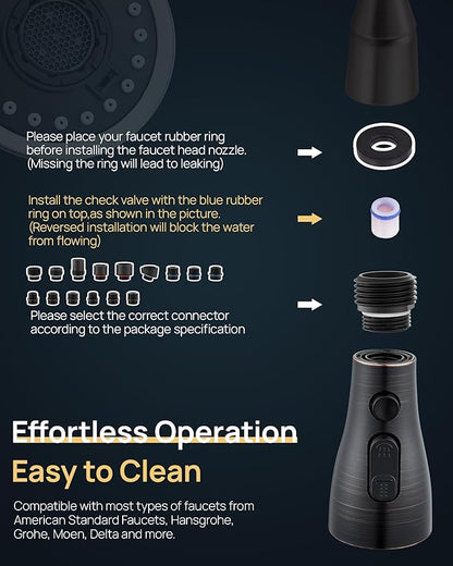 Pull Down Kitchen Faucet Sprayer Head Replacement Part, 15 Connectors, 3 Function Pull Out Sink Sprayer Replacement Nozzle, Kitchen Faucet Head Hose Spray Tap Spout,Oil Rubbed Bronze