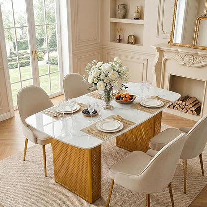Contemporary Gold Dining Table with Marble Look Glass Top, Unique Rectangular Design, Dual Base Metal Frame, Stable & Stylish 6-8 Person Kitchen Table, Perfect for Modern Dining Room or Office Space