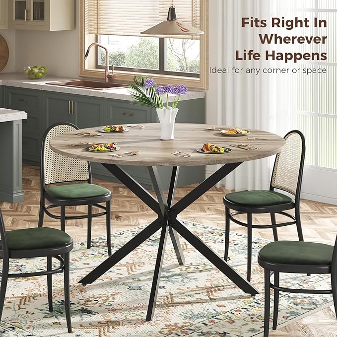 Unovivy 47 Inch Round Dining Table for 4, Space Saving Circle Dining Table with Pedestal Metal Frame, Farmhouse Wood Round Kitchen Table for Living & Dining Room, Light Ivory