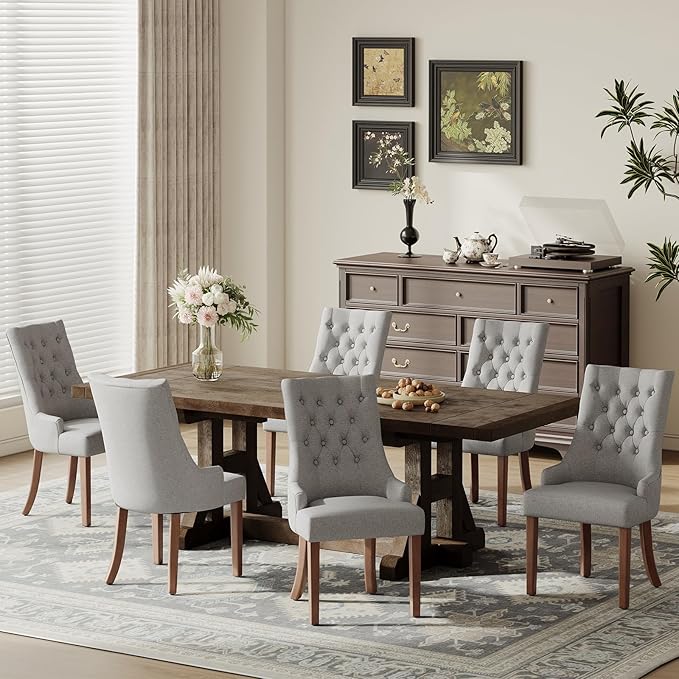 COLAMY Wingback Upholstered Dining Chairs Set of 2, Fabric Side Dining Room Chairs with Tufted Button, Living Room Chairs for Home Kitchen- Light Grey