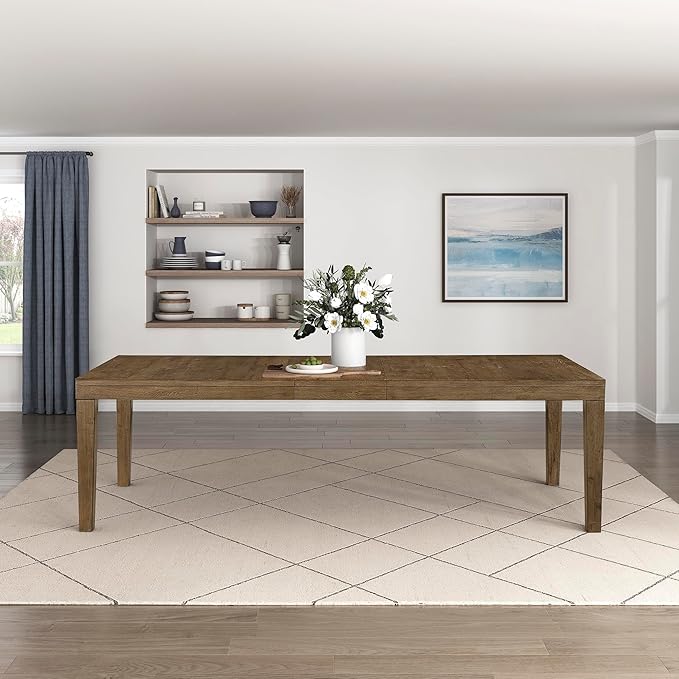 Lexicon 84-102 Inch Extendable Dining Table for 4-8 People, Large Rectangle Wooden Kitchen Table with Self-Storing Extension Leaf Space Saving, for Dining Room, Living Room, Home Office, Brown