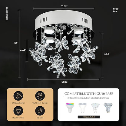 4-Lights Modern Chandelier K9 Crystal Lighting Fixture,11.8 Inch Round Silver Stainless Steel Flush Mount Ceiling Lights for Bedroom Foyer Hallway Dining Room,GU10 Bulbs Include