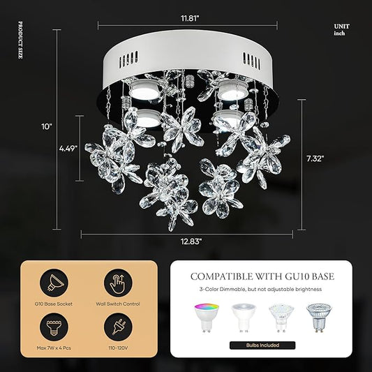 4-Lights Modern Chandelier K9 Crystal Lighting Fixture,11.8 Inch Round Silver Stainless Steel Flush Mount Ceiling Lights for Bedroom Foyer Hallway Dining Room,GU10 Bulbs Include
