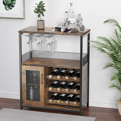 GAOMON Coffee Wine Bar Cabinet with Storage and Detachable Rack, Farmhouse Sideboard and Buffet Cabinet with Glass Holder and Mesh Door, Liquor Coffee Bar Cupboard, Rustic Brown