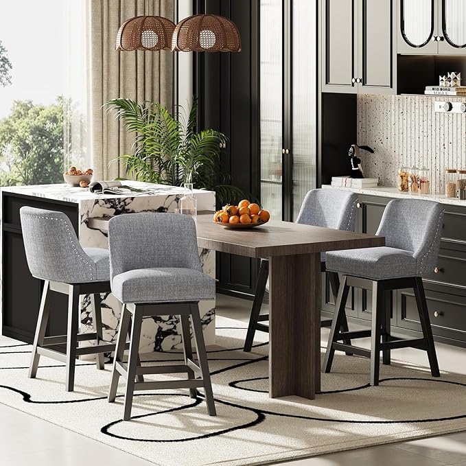 MALOL Swivel Bar Stools, 27" Counter Height Kitchen Stools with Padded Seats and Solid Wood Legs, Upholstered Barstools for Kitchen Island, Breakfast Nook (Dark Gery)