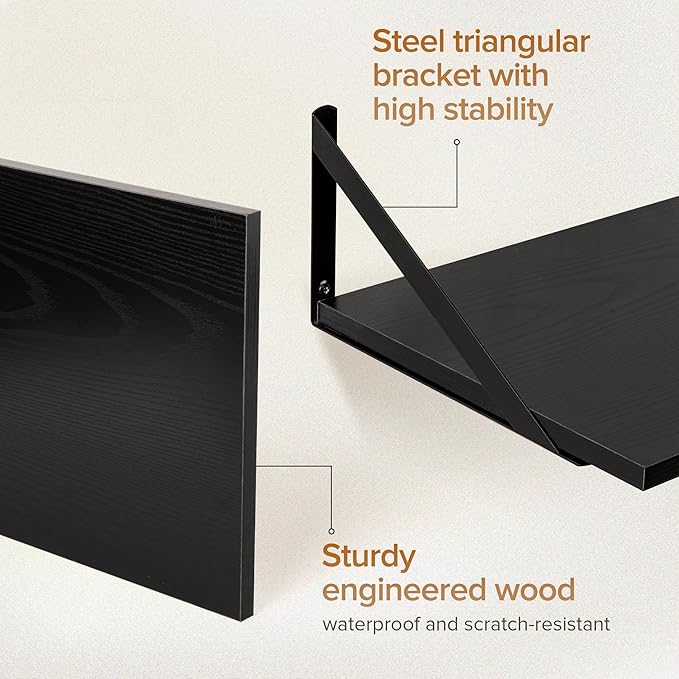 Acovy Deep Floating Shelves Wall Mounted, 24"x12" Black Wall Shelves with Brackets Set of 2 for Bedroom, Living Room, Bathroom, Kitchen, Office - Storage & Display Shelf for Decor, Books, Plants