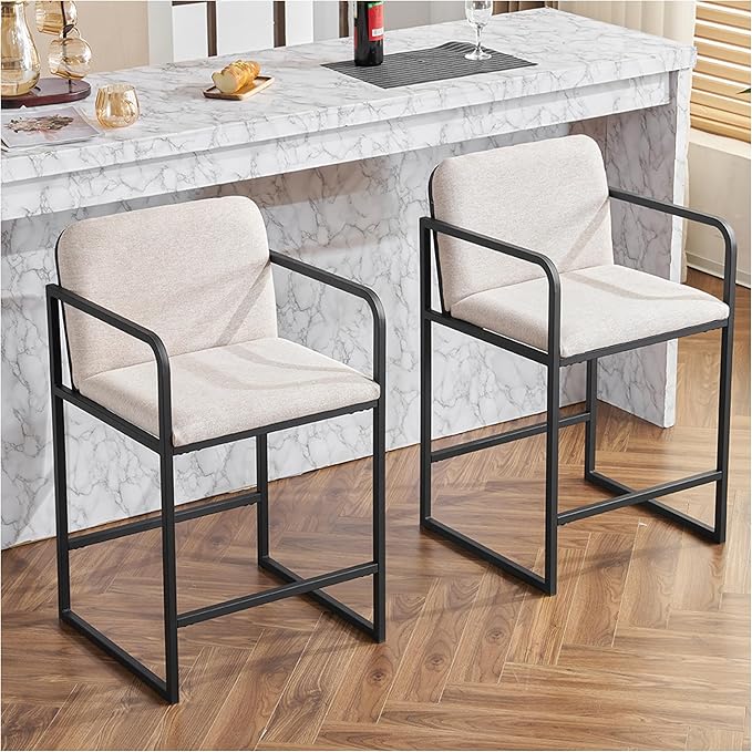 Bar Stools Set of 2, Counter Height with Armrests - Beige Modern Kitchen Island Chairs