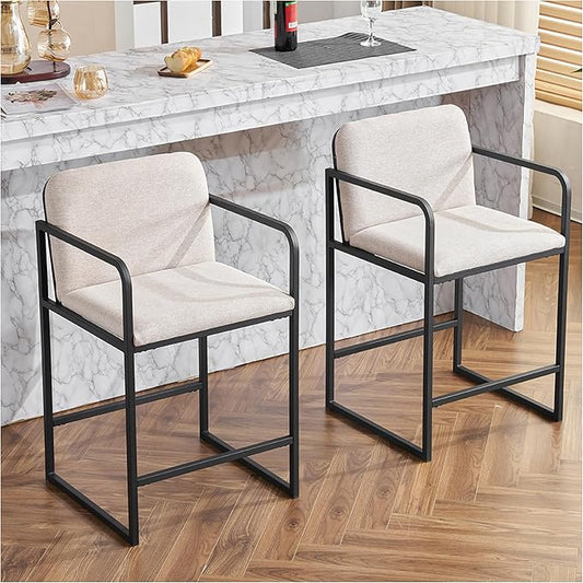 Bar Stools Set of 2, Counter Height with Armrests - Beige Modern Kitchen Island Chairs