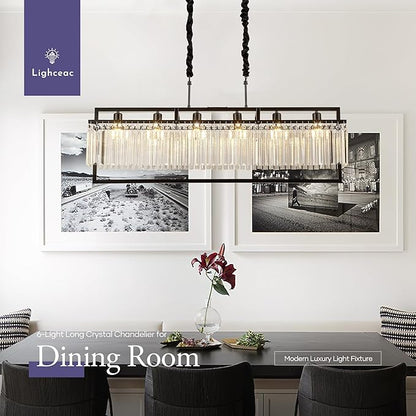 43.7" Modern Black Crystal Chandeliers for Dining Room, Luxury Rectangle 6-Light Kitchen Island Lighting, Linear Hanging Ceiling Pendant Light Fixture for Pool Table Entryway Foyer Hallway
