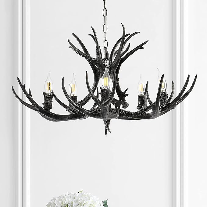 JONATHAN Y 30" Black Rustic Resin Antler 5-Light LED Chandelier, Farmhouse Faux Deer Horn Hanging Ceiling Light for Dining Room, Kitchen Island, Adjustable Light Fixture (JYL6300C)