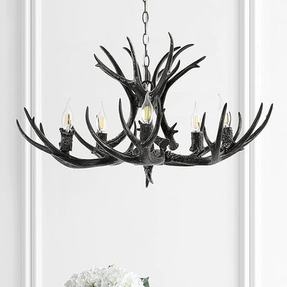JONATHAN Y 30" Black Rustic Resin Antler 5-Light LED Chandelier, Farmhouse Faux Deer Horn Hanging Ceiling Light for Dining Room, Kitchen Island, Adjustable Light Fixture (JYL6300C)