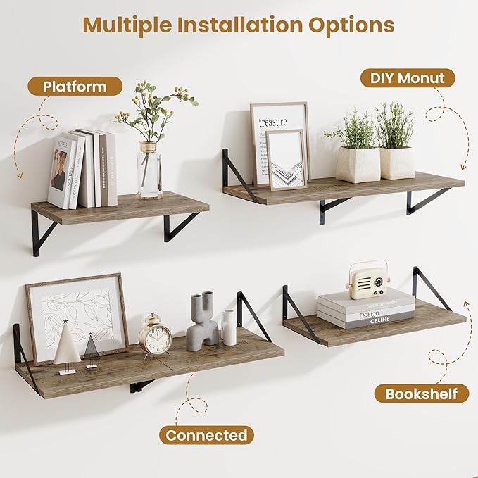Acovy Deep Floating Shelves for Wall,36" Wx10 D Wood Wall Shelves with Metal Brackets,Hanging Storage Floating Shelf for Living Room,Bedroom,Bathroom,Office,Kitchen,Grey