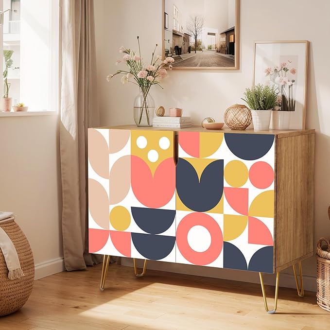 SIGNWIN Sideboard Buffet Cabinet, Kitchen Storage Cabinet with 2 Doors, Mid-Century Vibrant Polygon Pattern, Cupboard Console Table for Dining Room - 35" L x 18" W x 29" H