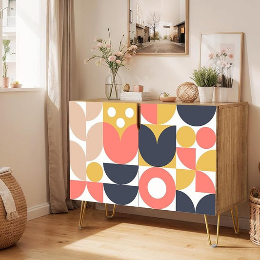 SIGNWIN Sideboard Buffet Cabinet, Kitchen Storage Cabinet with 2 Doors, Mid-Century Vibrant Polygon Pattern, Cupboard Console Table for Dining Room - 35" L x 18" W x 29" H