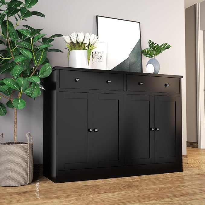 holzart 49" Black Buffet Cabinet with Doors & Drawers, Modern Kitchen Storage Sideboard, Coffee Bar Console Table for Dining Room, Living Room, Entryway