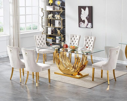70" Luxury Glass Dining Table for 4 to 6 People, Modern Dining Room Table, Tempered Glass Top & Mirrored Finish Stainless Steel Pedestal, Large Rectangle Kitchen Dining Table Long Dinner Table, Gold