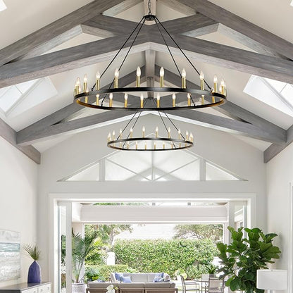 24-Lights 54" Extra Large Wagon Wheel Chandelier Farmhouse, Black and Gold Chandelier for High Ceilings, Rustic Chandeliers for Dining Room, Kitchen Island, Living Room, Foyer, Entryway