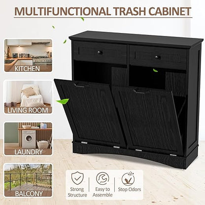 Double Tilt Out Trash Cabinet Freestanding Wooden Garbage Can Cabinet with Hideaway Drawers, 2x13 Gallons Pet Proof Garbage Can Holder for Kitchen Living Room, Dark Black