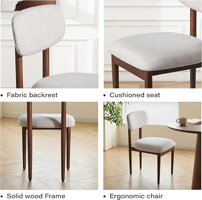 Casaphoria Upholstered Dining Chairs Set of 2, Mid-Century Modern Kitchen Chairs with Solid Wood Legs & Thick Cushion, Ergonomic Fabric Accent Chairs for Dining Room, Vanity & Office, Gray and Walnut