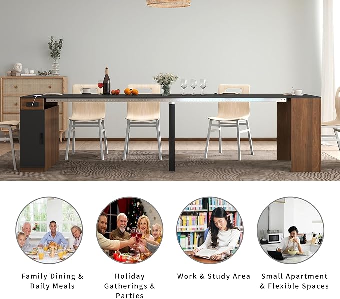 Extendable Dining Table with Storage, Transformer Extra Console Table for 1-12 People, Folding Space Saving Dining Room Table with Built-in Outlet for Homes, Apartments, Walnut Black