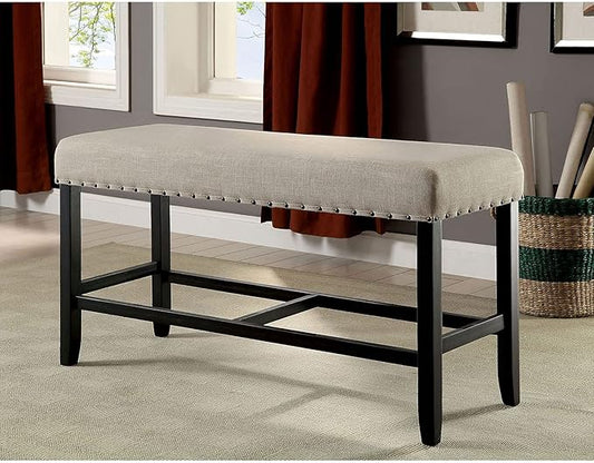 Rustic Farmhouse Counter Height Bench, Beige Linen & Antique Black Nailhead Trim - Solid Wood Dining Room Bench for Kitchen Island