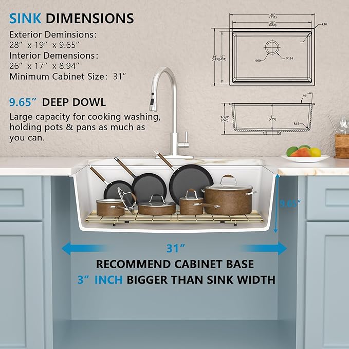 28 Granite Composite Kitchen Sink - Fulorni 28"x19" Granite Kitchen Sink White Undermount Ledge Workstation Quartz Classic Luxury Under Counter Single Bowl Sink Basin