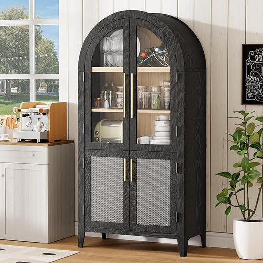 63" Arched Storage Cabinet with Glass & Rattan Door, 5-Tier Modern Farmhouse Kitchen Pantry Cabinet Kitchen Storage Cabinet Adjustable Shelf for Living Room Dining Room Office, Black