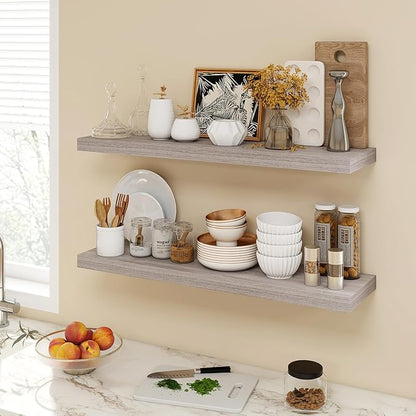 Acovy 36 Inch Floating Shelves, 9.3" Deep Floating Shelf Wall Mounted, 36" Wall Shelves, Rustic Deep Bookshelf, Large Display Shelves & Storage Shelves for Bedroom, Living Room, Gray, Set of 2