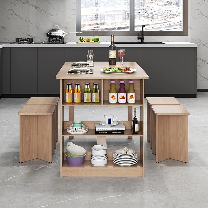 Dining Table Set for 4, Island Table for Kitchen with 3-Tier Shelves & 4 Stools, Wooden Kitchen & Dining Room Furniture, Dinette Set for Home, Restaurant, Bar, Bistro (Natural)