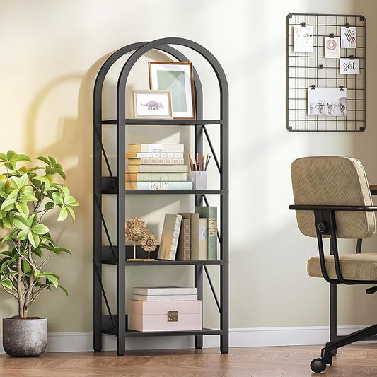 HOOBRO Bookshelf, 4-Tier Bookshelf Arched Display Racks, Industrial Bookcase with Metal Frame, Book Shelf Storage Organizer for Living Room, Office, Bedroom, Black BB424SJ01