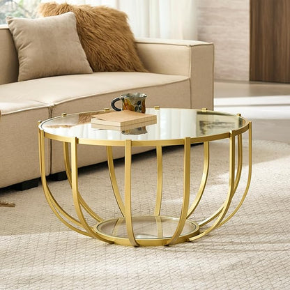 Saint Mossi Gold Drum Coffee Table for Living Room, Modern 2-Tier Glass Round Center Table, Clear Glass Top, Glass Shelf with Gold Finish Legs & Frame, W30xH16.5